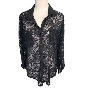 NWT Maurices Lace Top Womens XL Black Sheer Roll-Tab Button Down Office Party